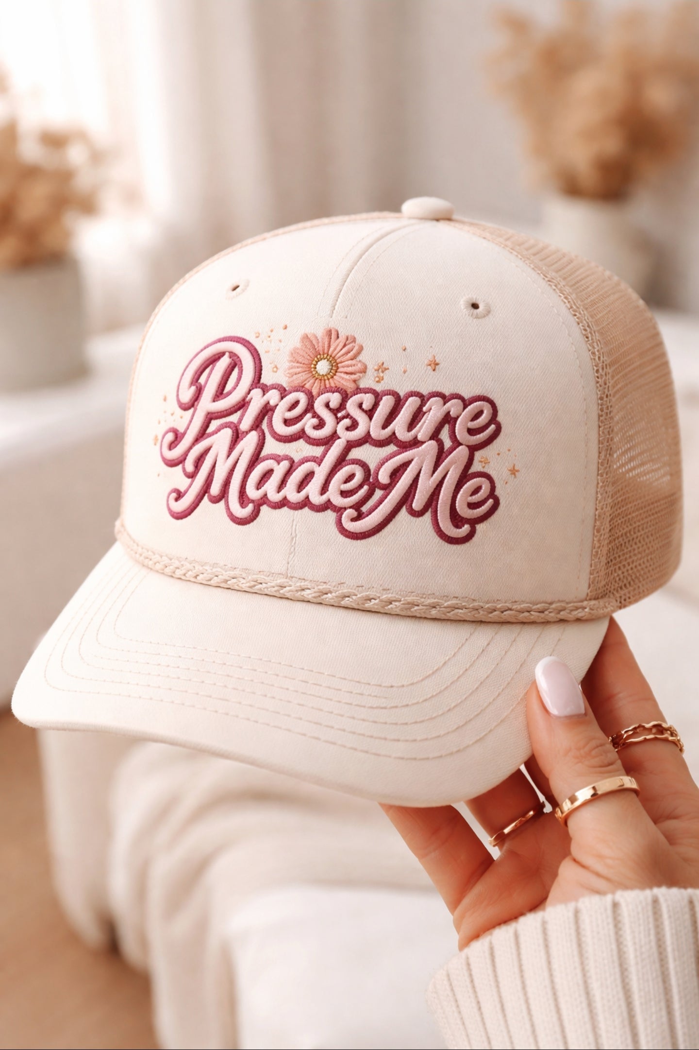 Pressure Made Me™ Floral Trucker Hat (Cream + Blush)